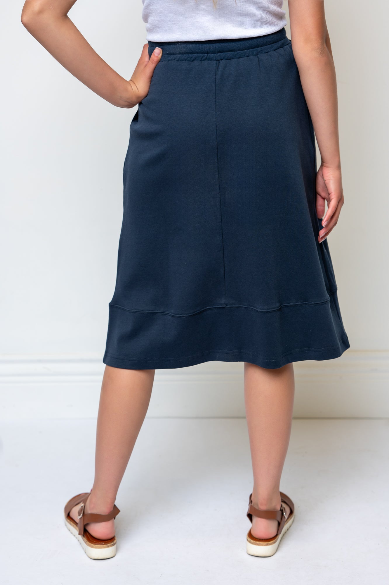 Knit Drawstring Waist Midi Length Skirt- Navy