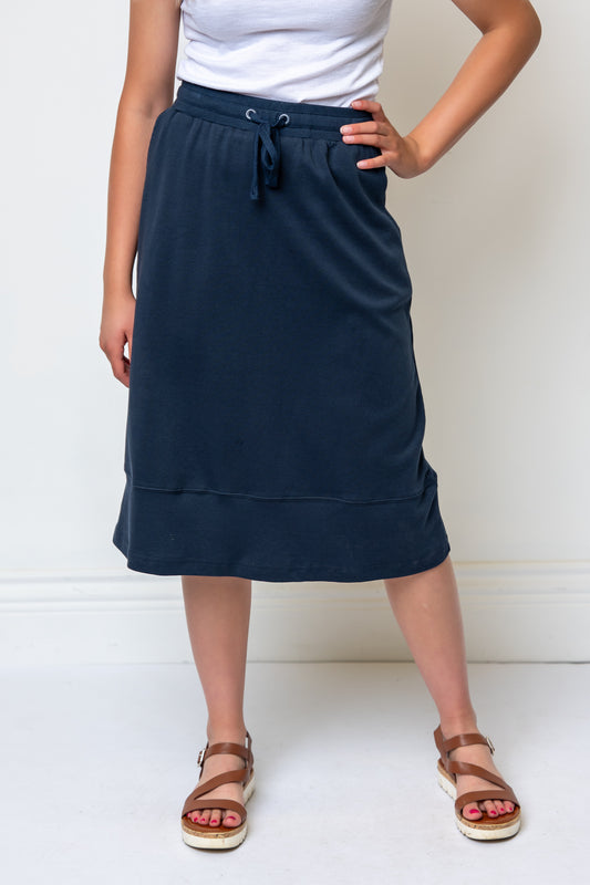 Knit Drawstring Waist Midi Length Skirt- Navy