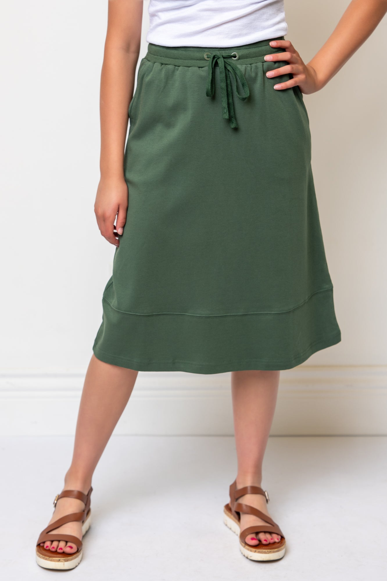 Knit Drawstring Waist Midi Length Skirt- Green