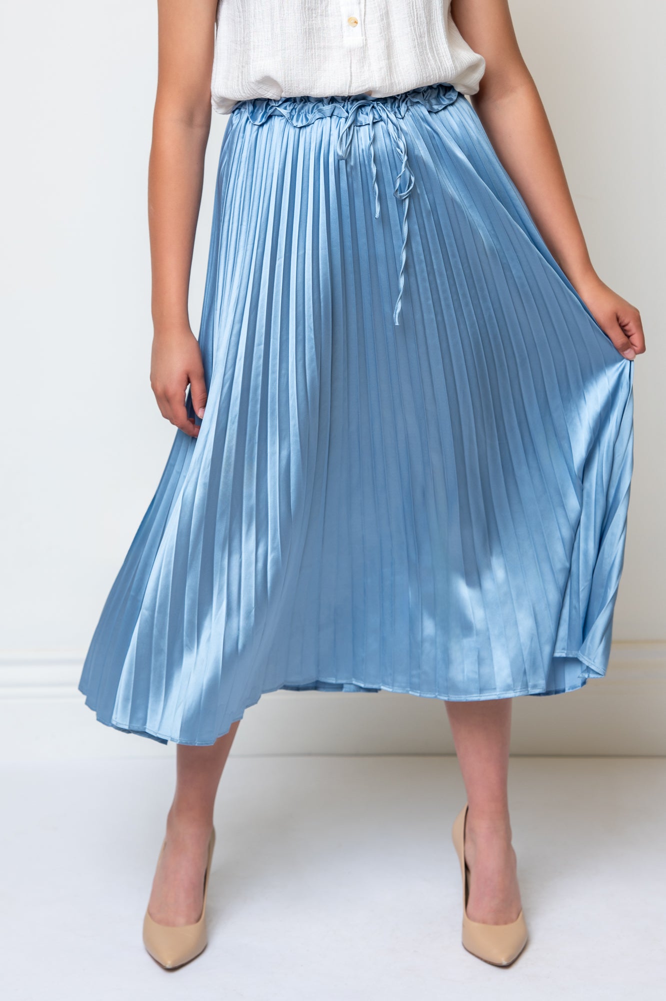 Satin Pleated Drawstring Waist Midi Length Skirt- Powder Blue