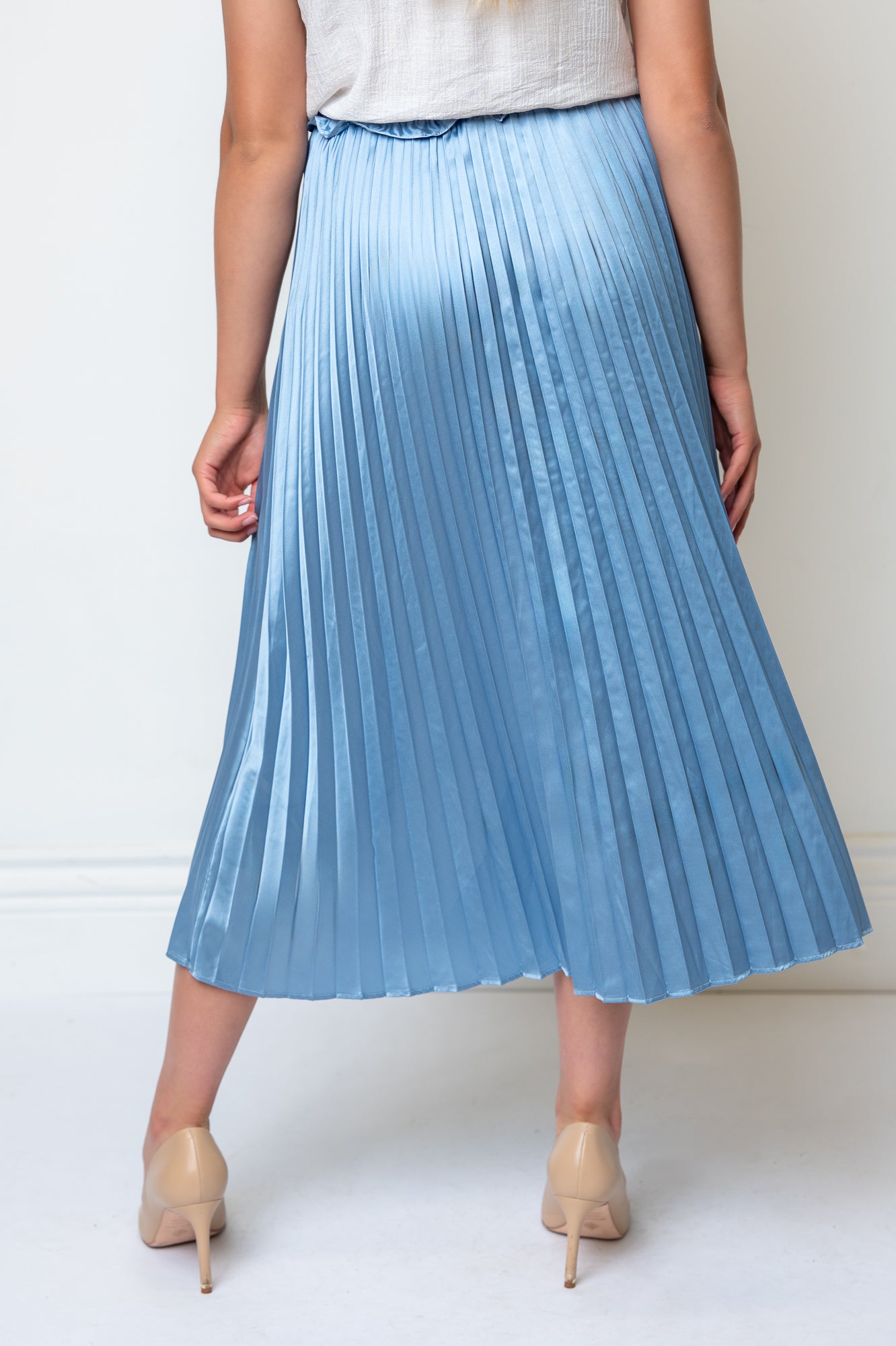 Satin Pleated Drawstring Waist Midi Length Skirt- Powder Blue