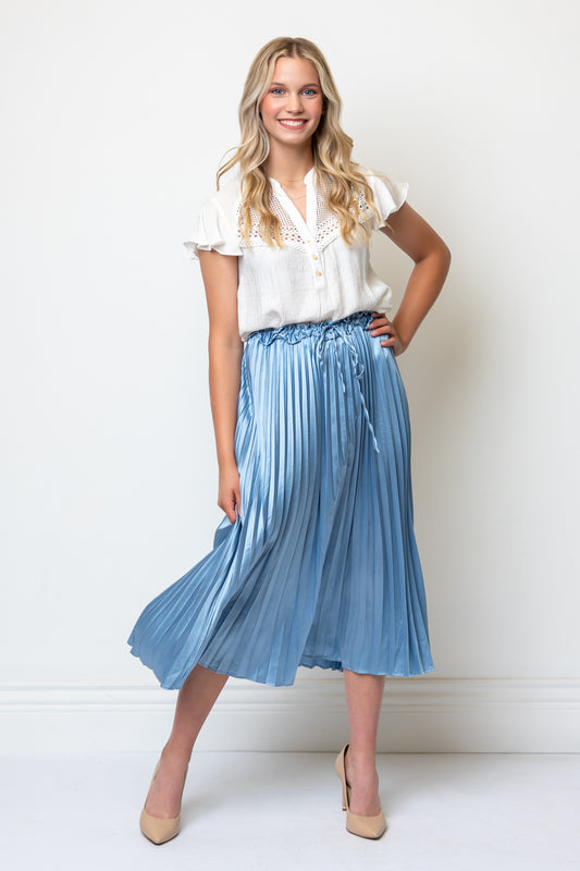 Satin Pleated Drawstring Waist Midi Length Skirt- Powder Blue