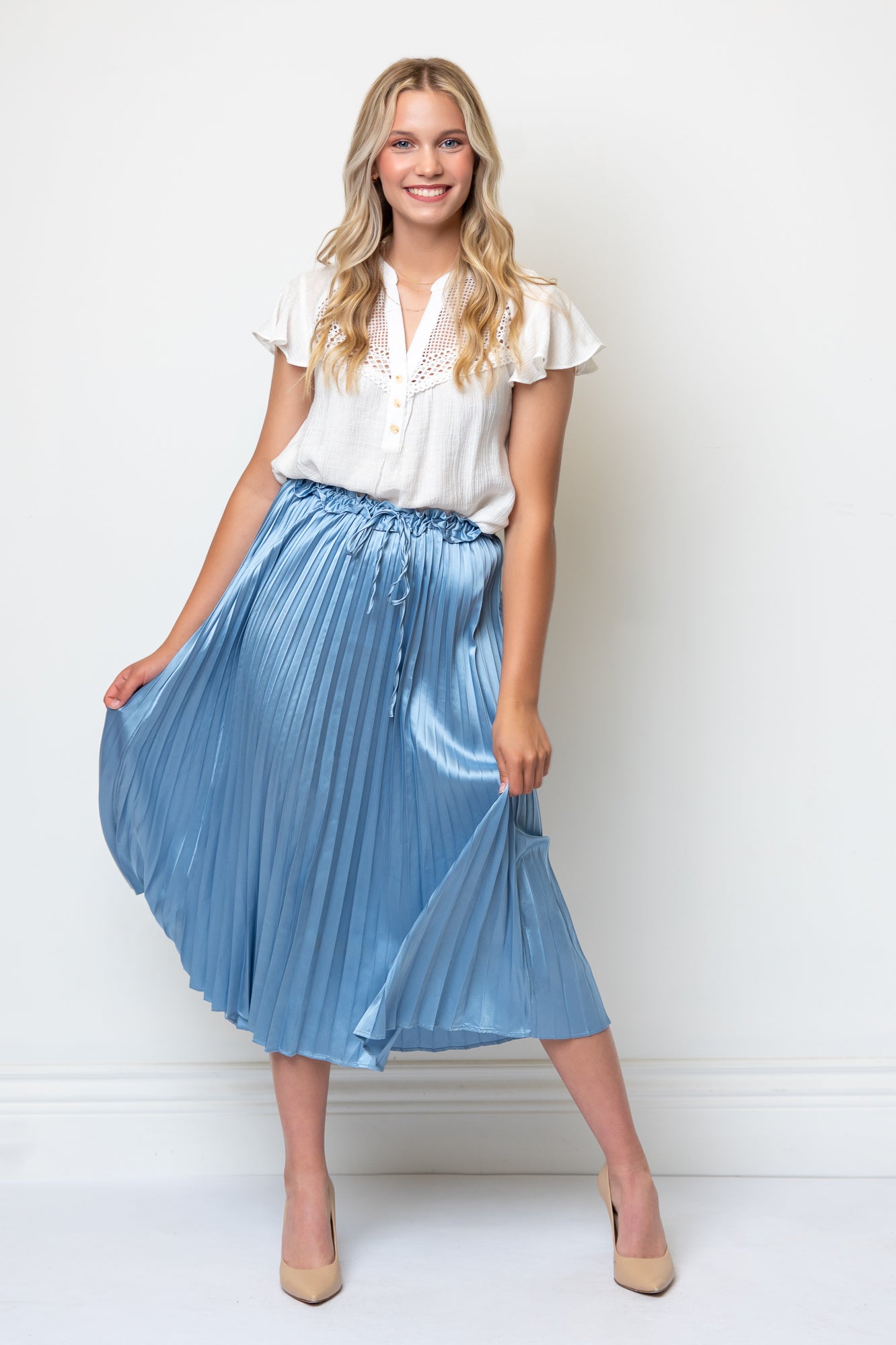 Satin Pleated Drawstring Waist Midi Length Skirt- Powder Blue