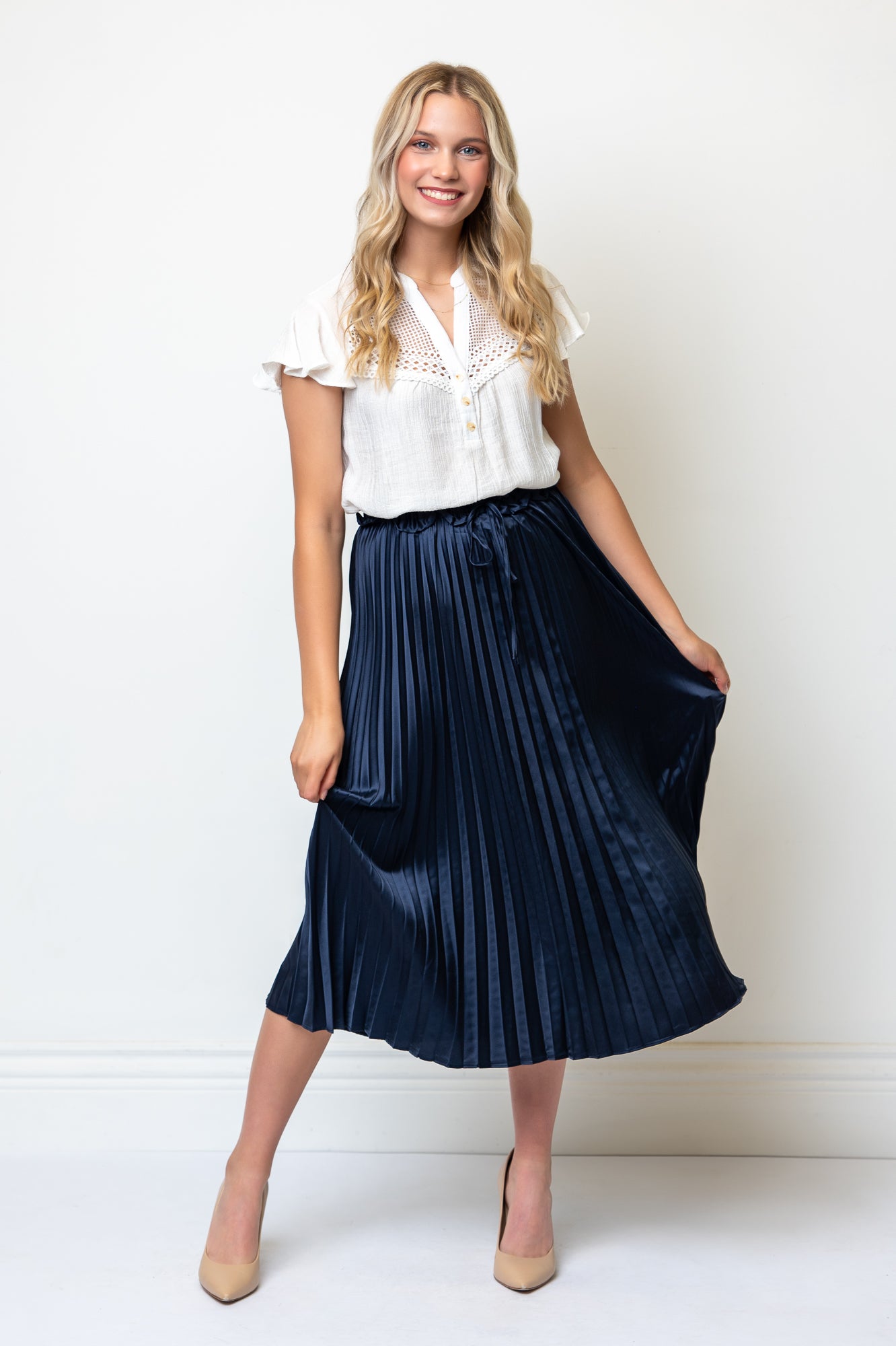 Satin Pleated Drawstring Waist Midi Length Skirt- Navy