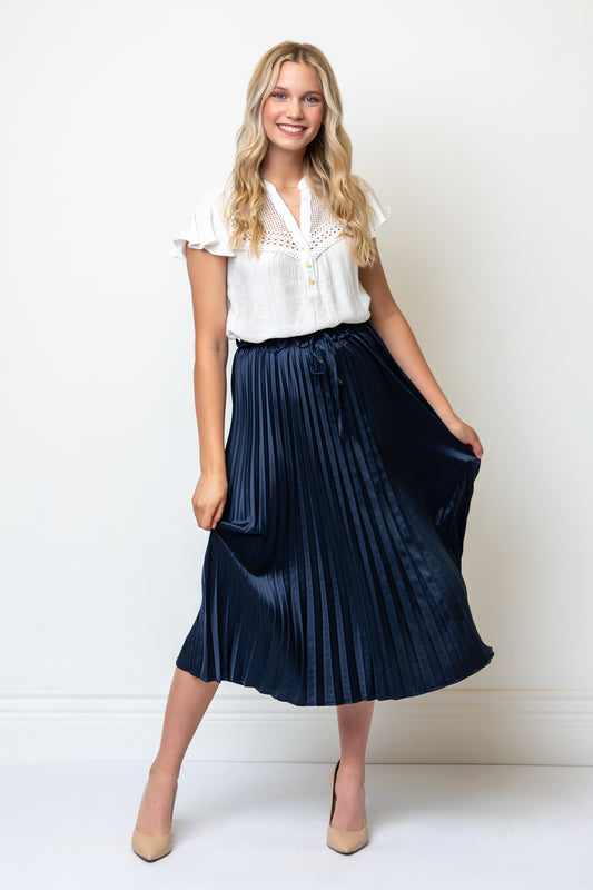 Satin Pleated Drawstring Waist Midi Length Skirt- Navy
