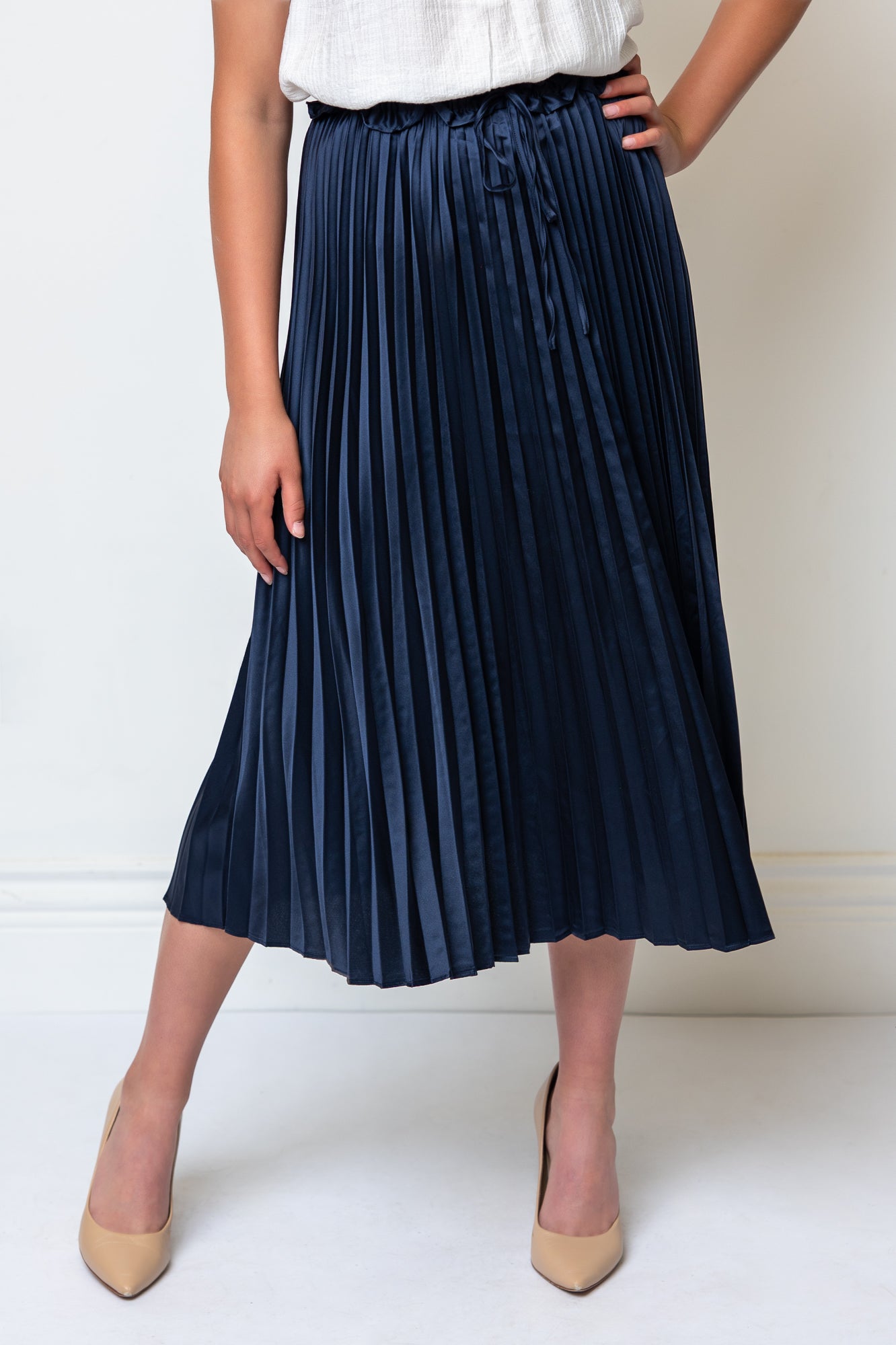Satin Pleated Drawstring Waist Midi Length Skirt- Navy
