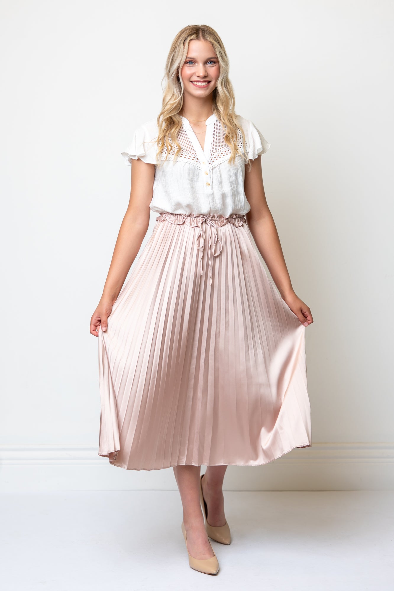 Satin Pleated Drawstring Waist Midi Length Skirt- Champagne