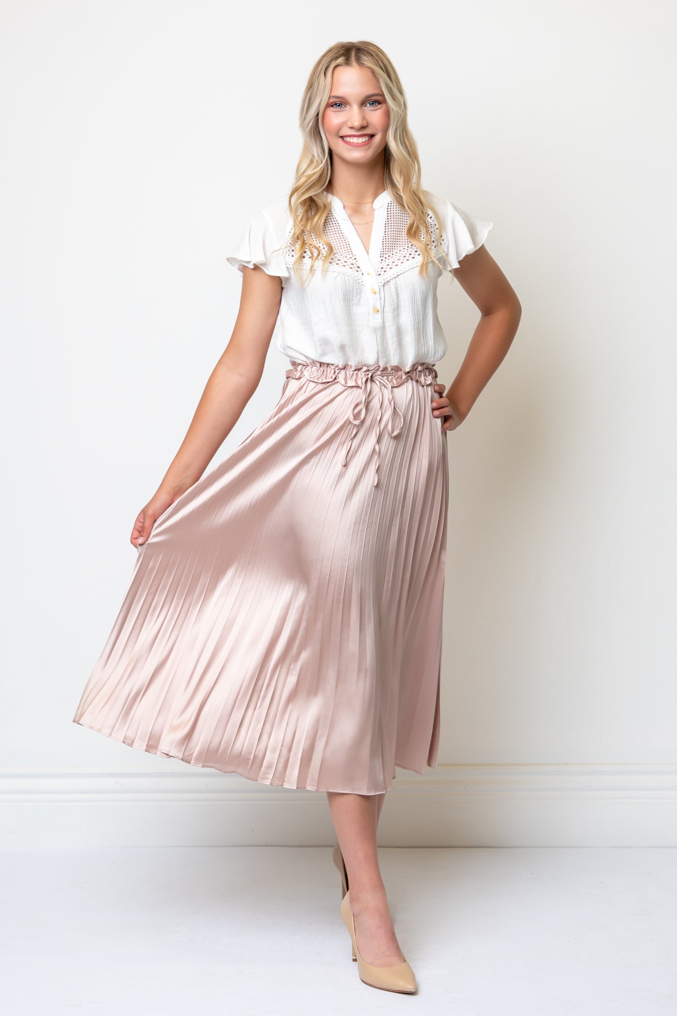 Satin Pleated Drawstring Waist Midi Length Skirt- Champagne
