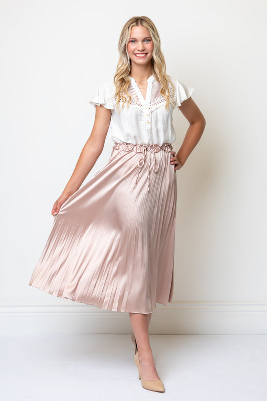 Satin Pleated Drawstring Waist Midi Length Skirt- Champagne