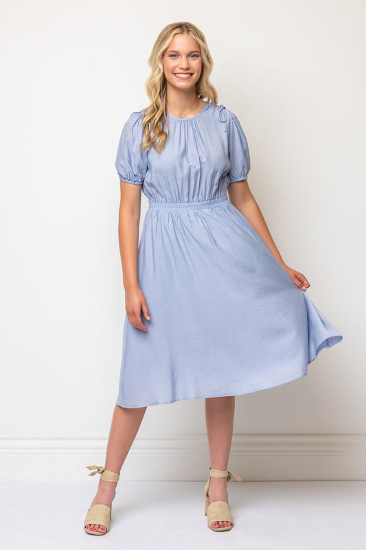 Bow Detail Short Puff Sleeves A-line Below Knee Length Dress- Blue