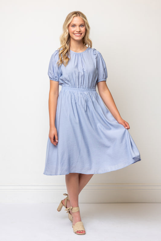Bow Detail Short Puff Sleeves A-line Below Knee Length Dress- Blue
