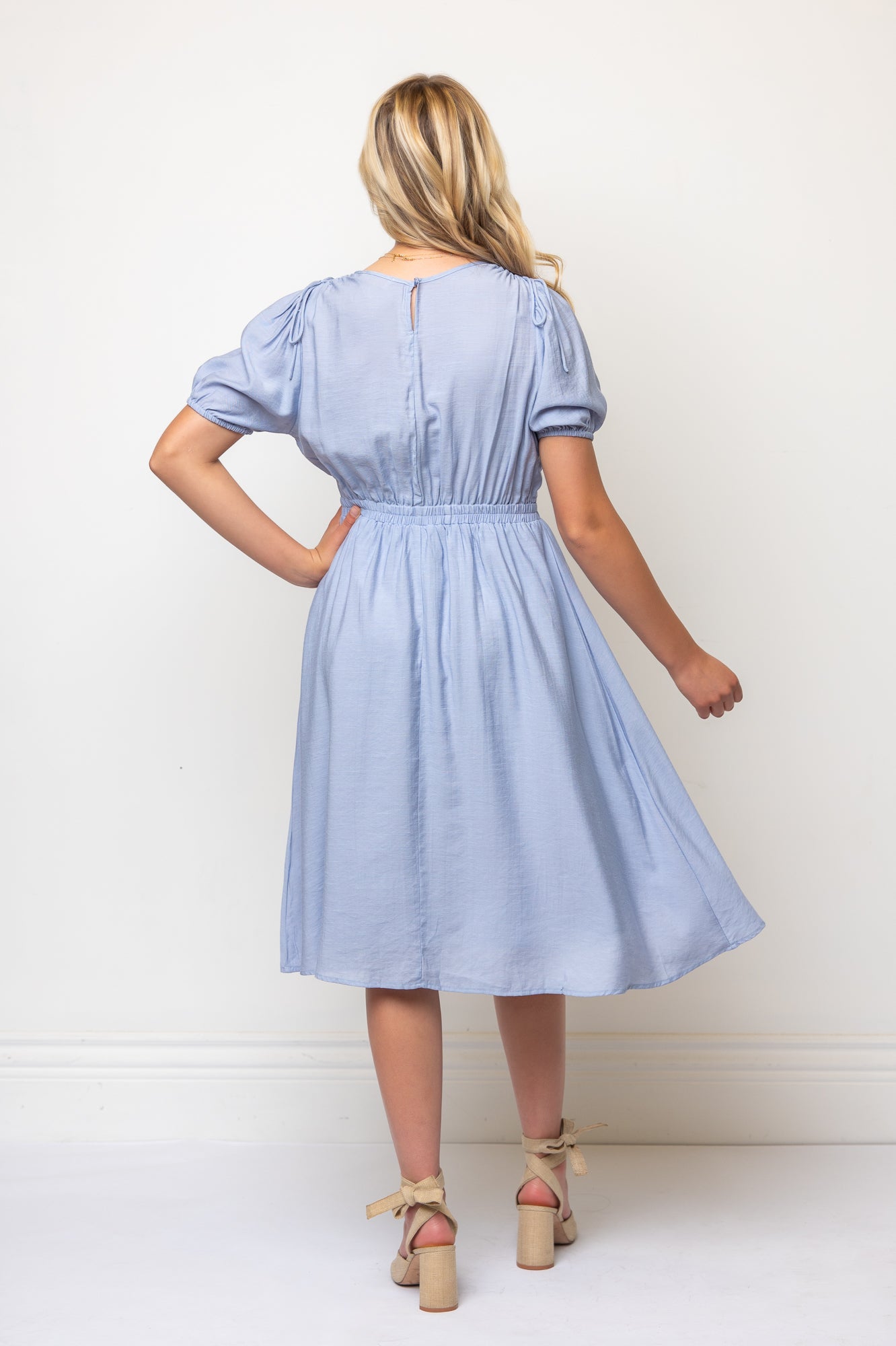 Bow Detail Short Puff Sleeves A-line Below Knee Length Dress- Blue