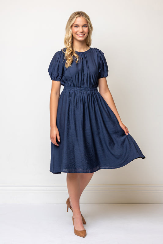 Bow Detail Short Puff Sleeves A-line Below Knee Length Dress- Navy