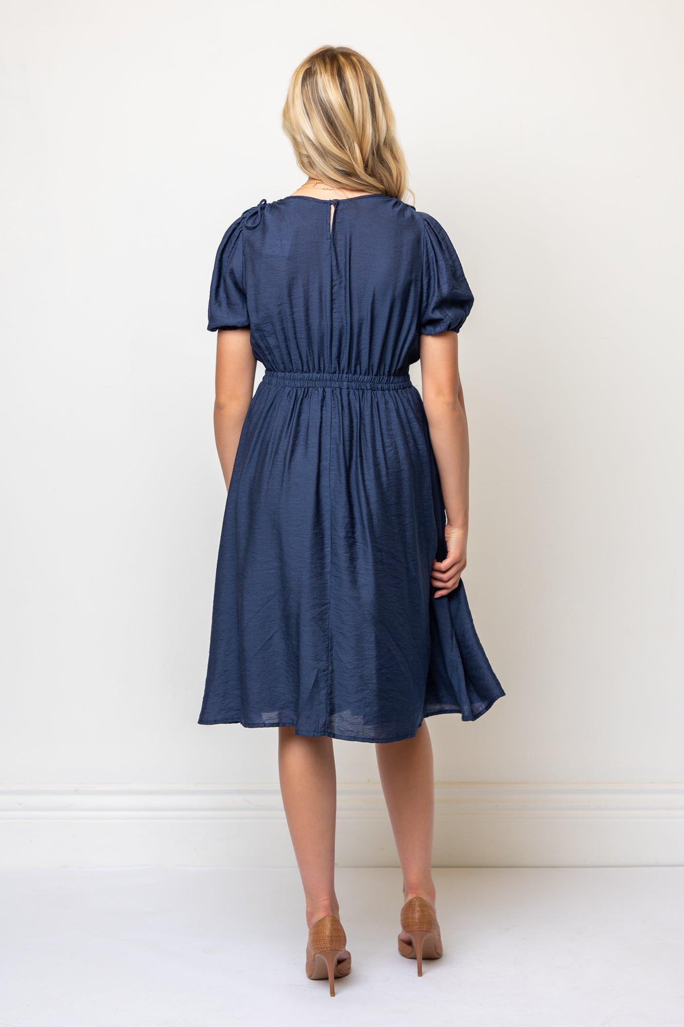 Bow Detail Short Puff Sleeves A-line Below Knee Length Dress- Navy