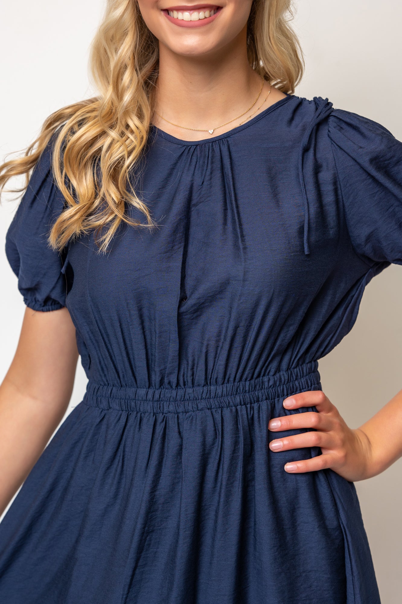 Bow Detail Short Puff Sleeves A-line Below Knee Length Dress- Navy