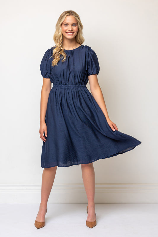 Bow Detail Short Puff Sleeves A-line Below Knee Length Dress- Navy