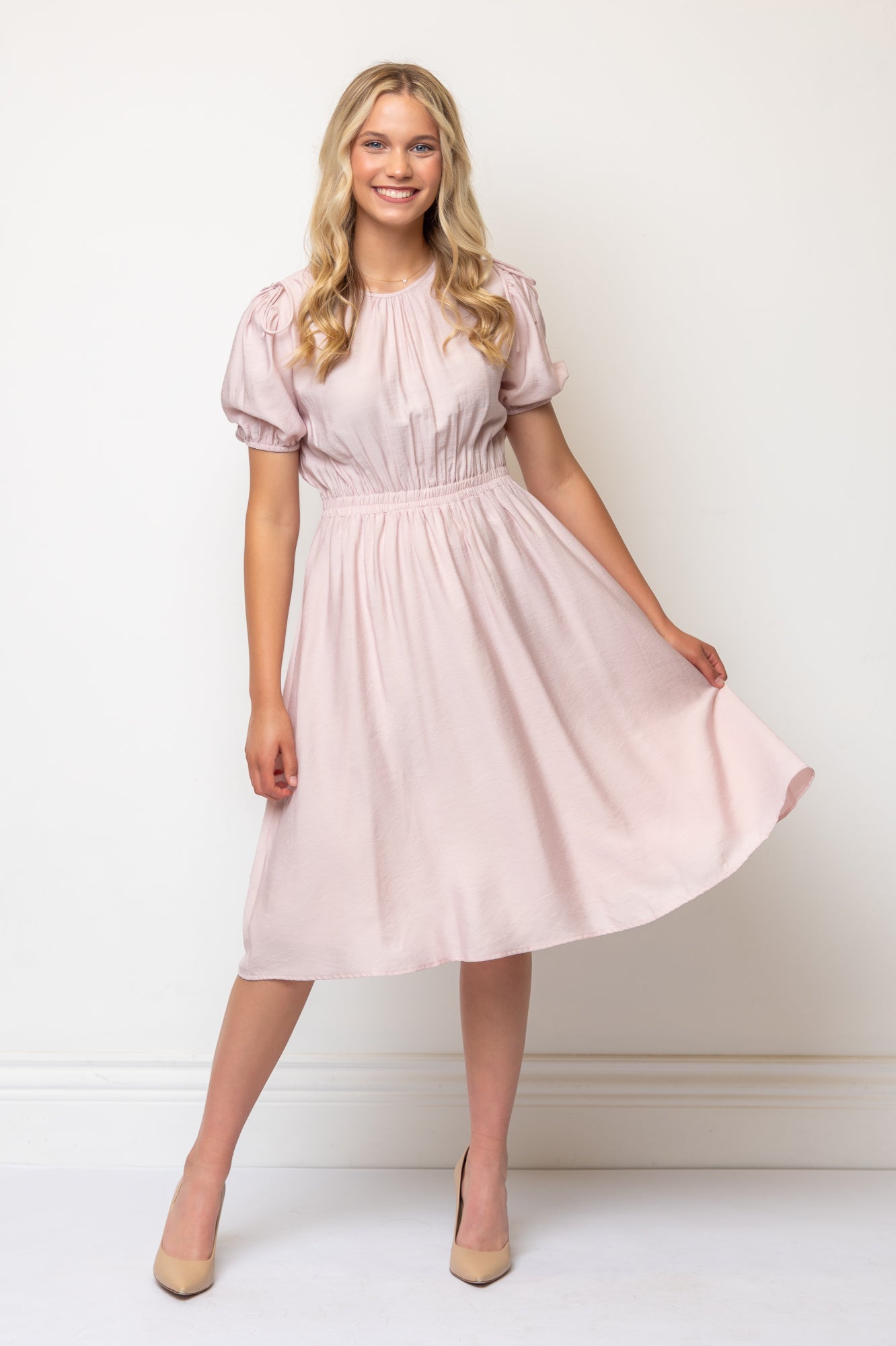 Bow Detail Short Puff Sleeves A-line Below Knee Length Dress- Pink