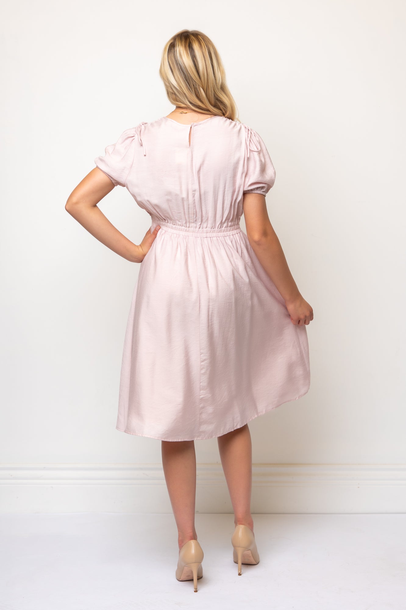 Bow Detail Short Puff Sleeves A-line Below Knee Length Dress- Pink