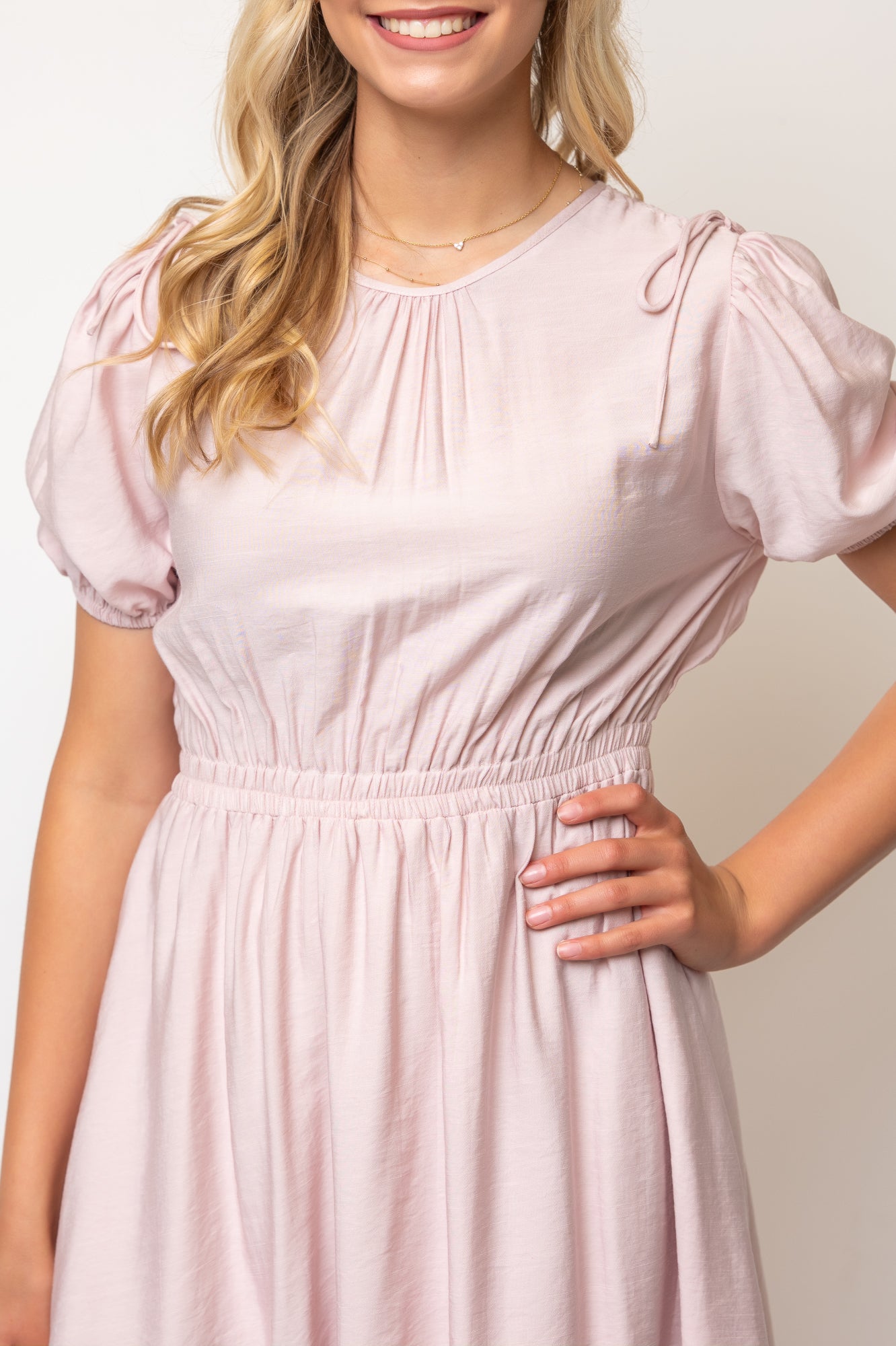 Bow Detail Short Puff Sleeves A-line Below Knee Length Dress- Pink