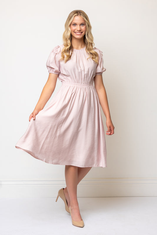 Bow Detail Short Puff Sleeves A-line Below Knee Length Dress- Pink