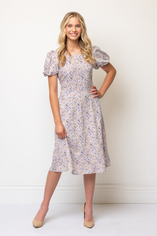 Fit-and-Flare Puff Sleeve Square Neckline Tailored Dress- White Floral