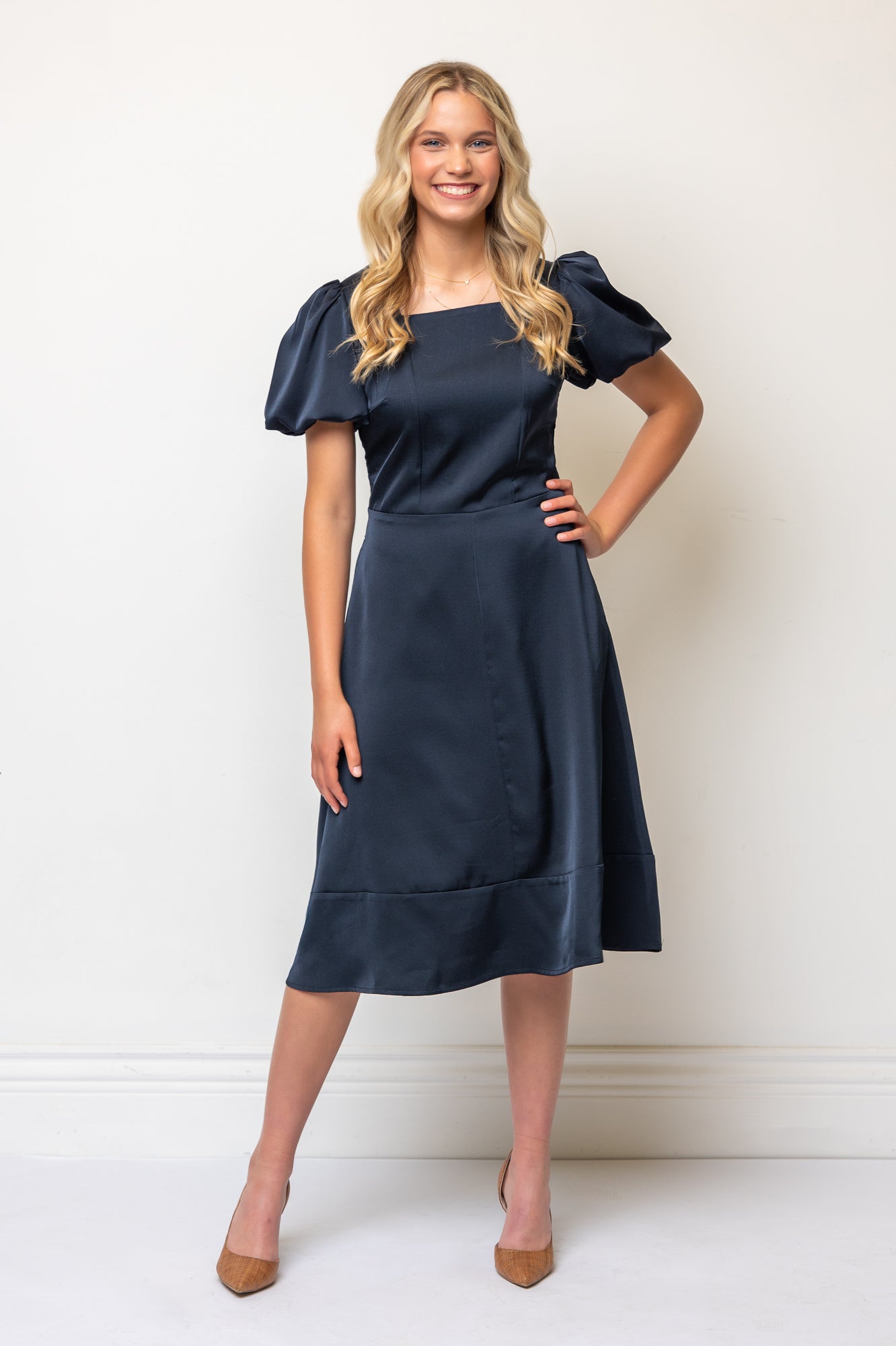 Fit-and-Flare Puff Sleeve Square Neckline Tailored Dress- Navy Satin –  Margaux USA