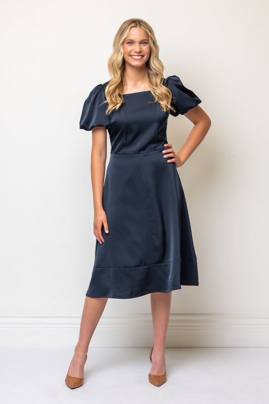 Fit-and-Flare Puff Sleeve Square Neckline Tailored Dress- Navy Satin