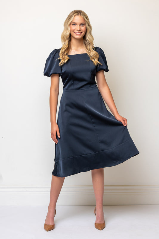 Fit-and-Flare Puff Sleeve Square Neckline Tailored Dress- Navy Satin