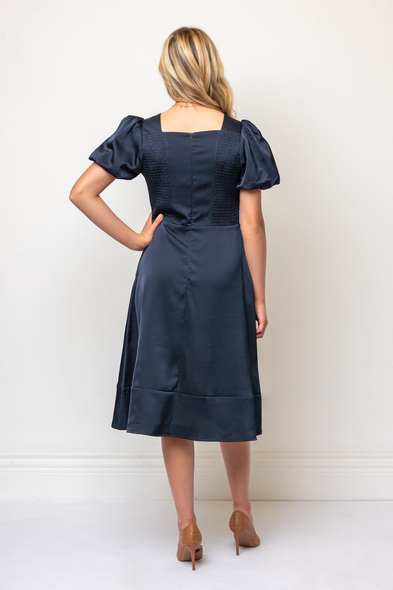 Fit-and-Flare Puff Sleeve Square Neckline Tailored Dress- Navy Satin