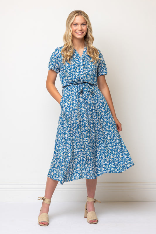 Short Sleeve Floral Midi Length Shirtdress Tie Waist- Blue