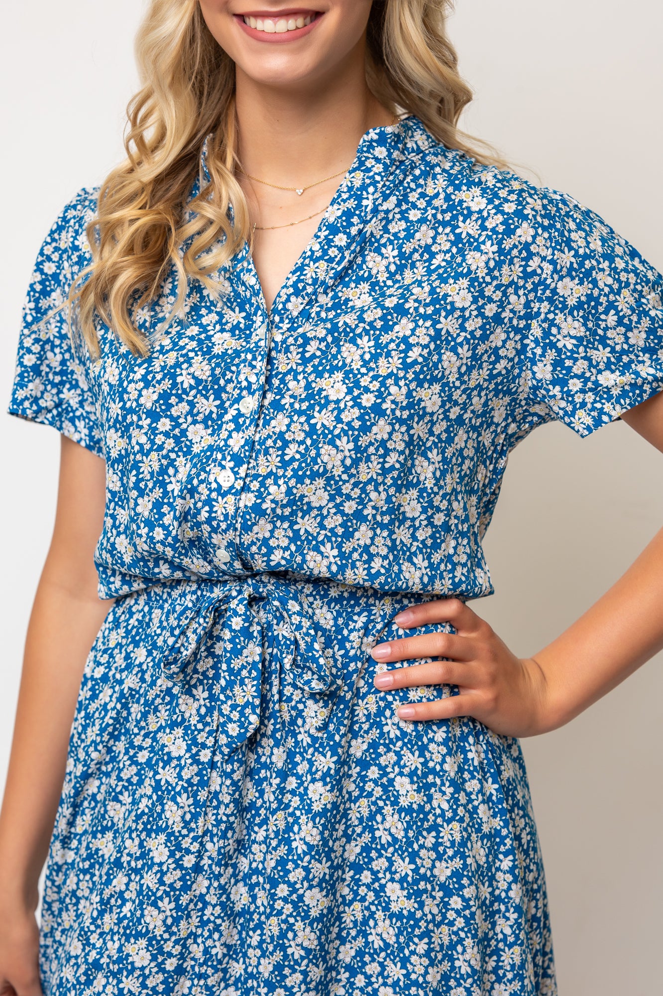 Short Sleeve Floral Midi Length Shirtdress Tie Waist- Blue