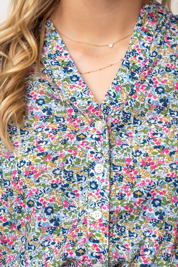 Short Sleeve Floral Midi Length Shirtdress Tie Waist- Green/Pink