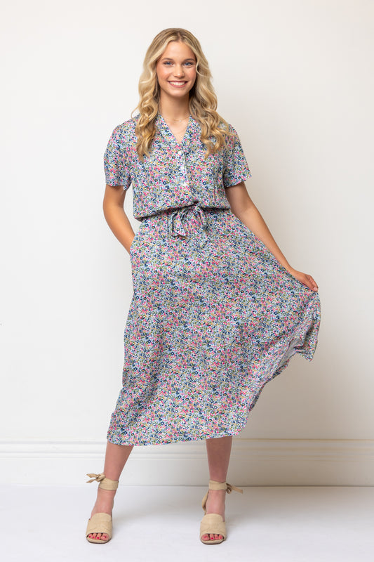 Short Sleeve Floral Midi Length Shirtdress Tie Waist- Green/Pink