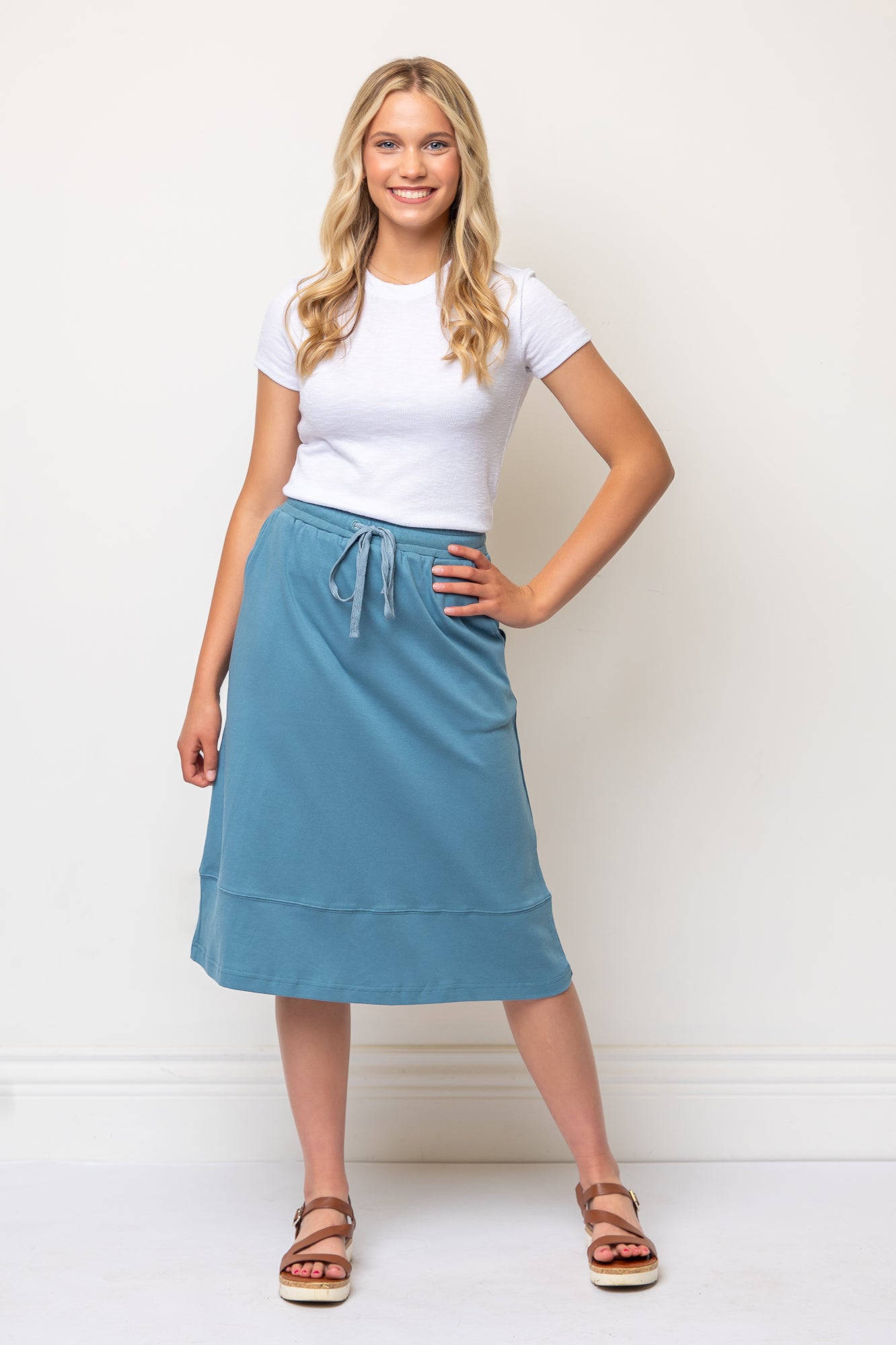 Knit Drawstring Waist Midi Length Skirt- Blue