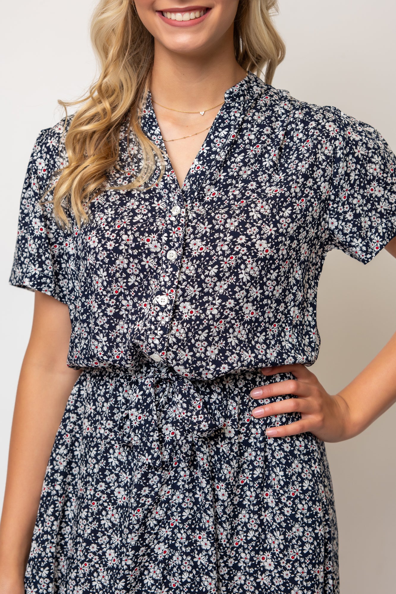 Short Sleeve Floral Midi Length Shirtdress Tie Waist- Navy/Red