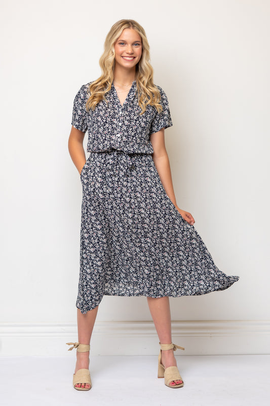 Short Sleeve Floral Midi Length Shirtdress Tie Waist- Navy/Red