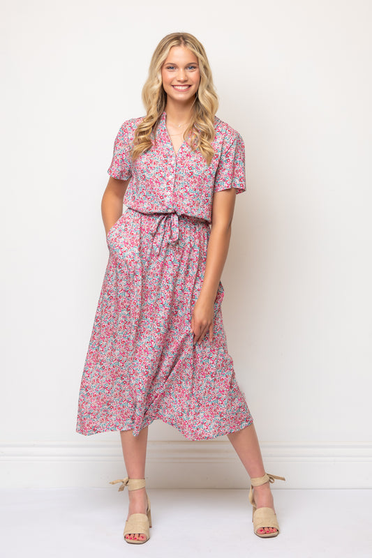 Short Sleeve Floral Midi Length Shirtdress Tie Waist- Blue/Pink