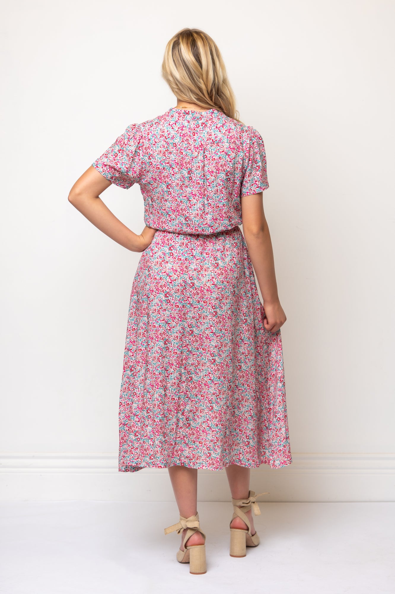 Short Sleeve Floral Midi Length Shirtdress Tie Waist- Blue/Pink