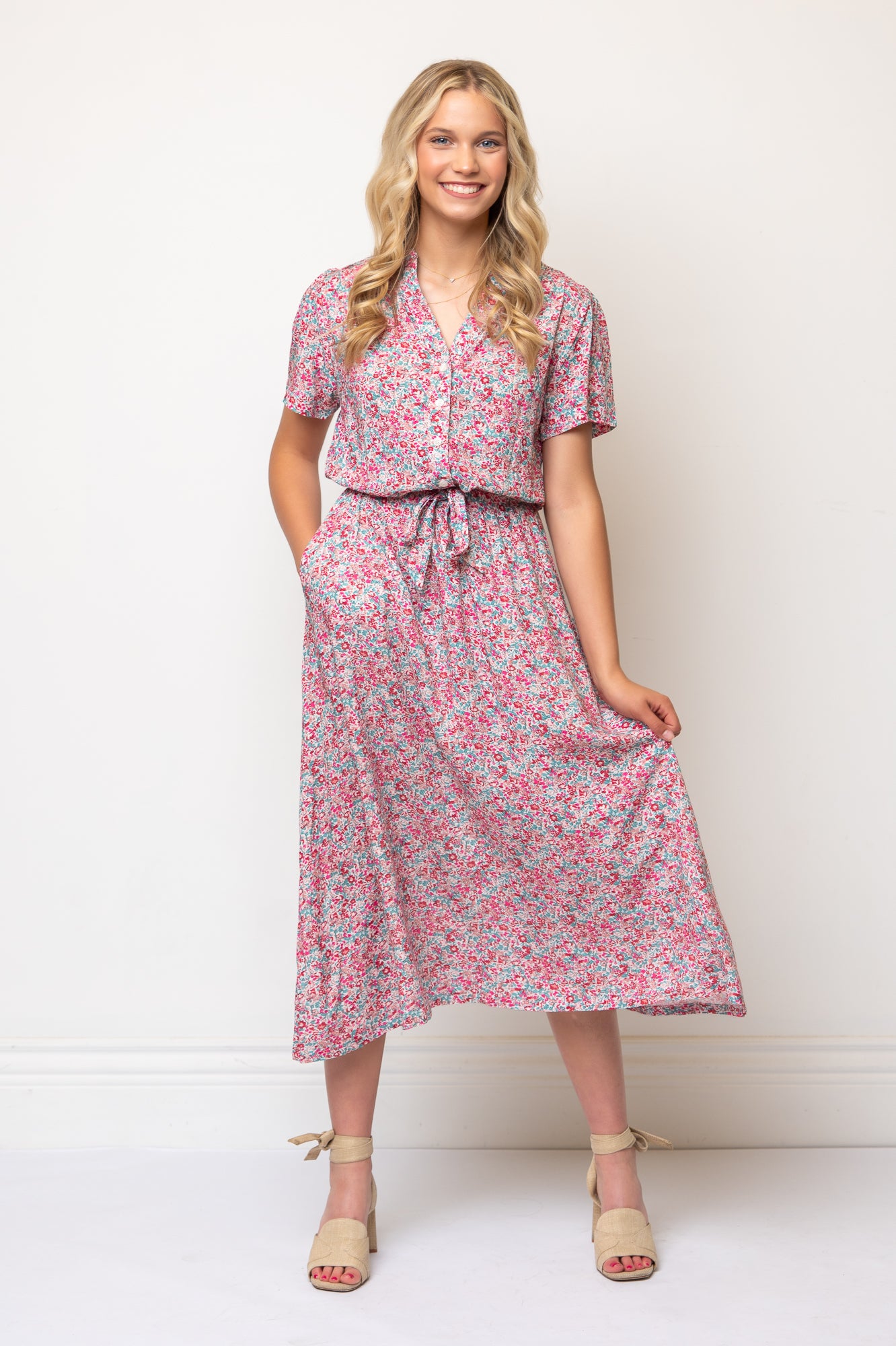 Short Sleeve Floral Midi Length Shirtdress Tie Waist- Blue/Pink