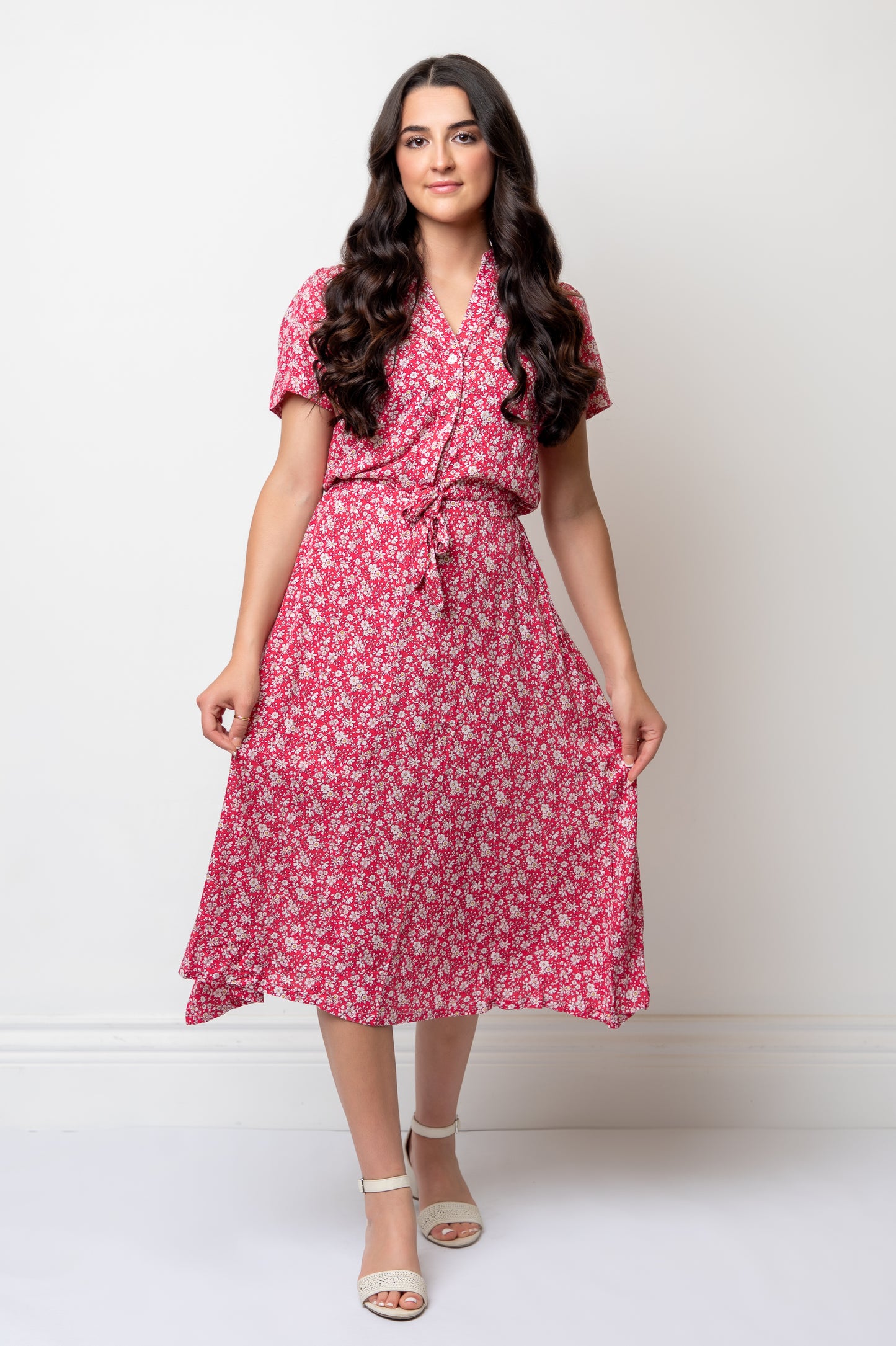 Short Sleeve Floral Midi Length Shirtdress Tie Waist- Salmon