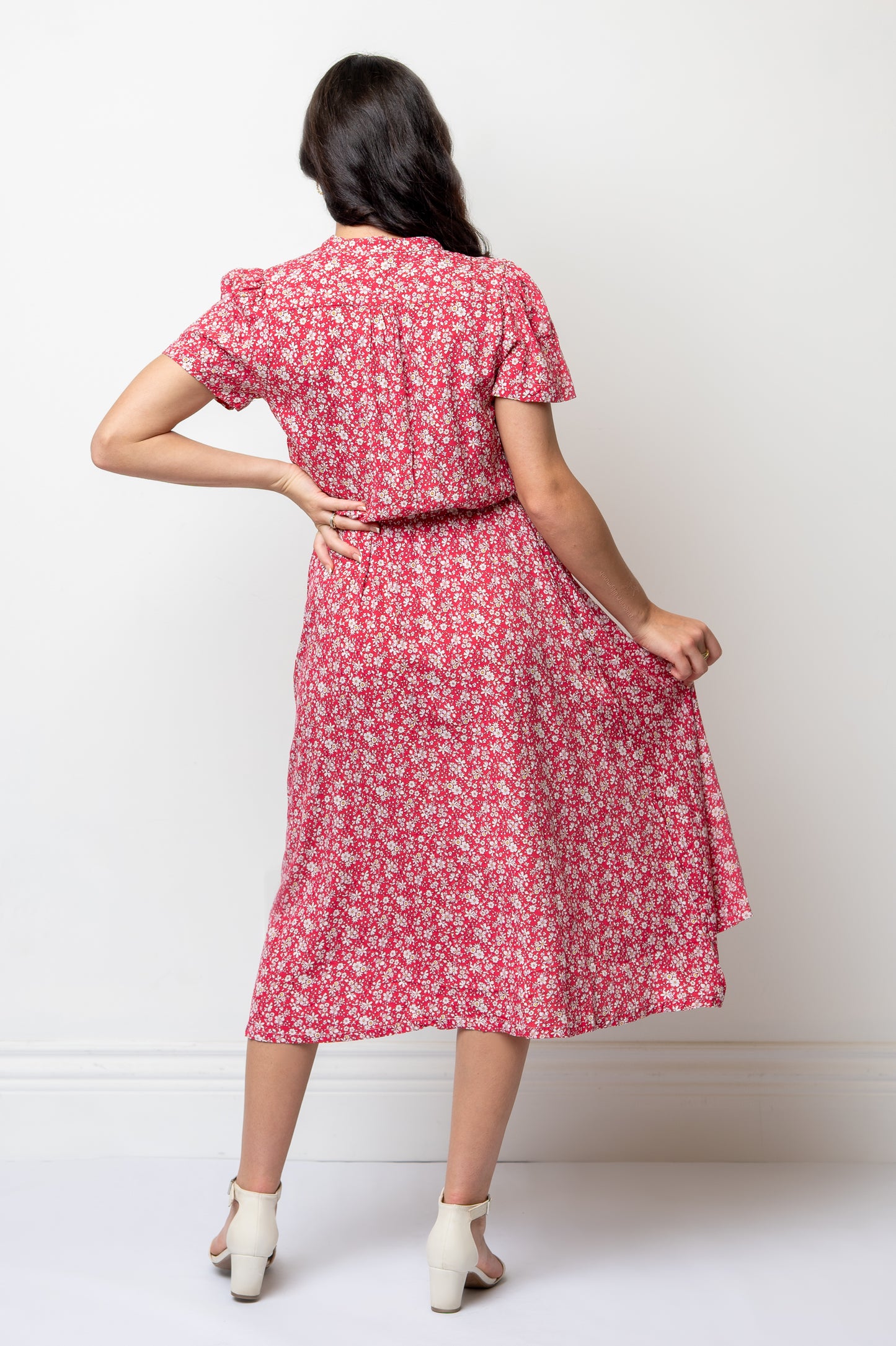 Short Sleeve Floral Midi Length Shirtdress Tie Waist- Salmon