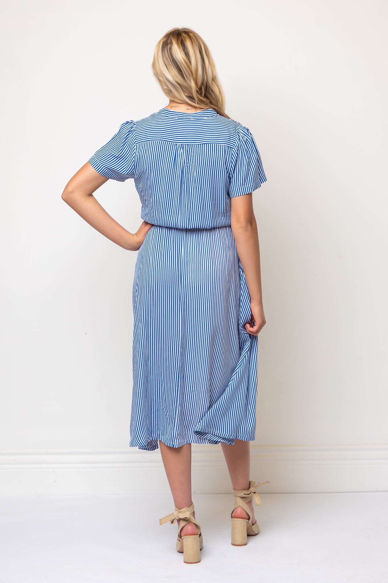 Short Sleeve Floral Midi Length Shirtdress Tie Waist- Blue/White Stripe