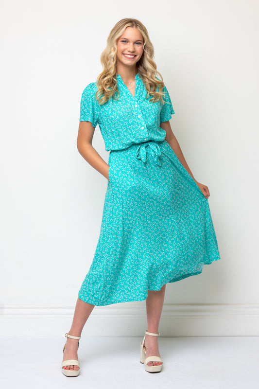 Short Sleeve Floral Midi Length Shirtdress Tie Waist- Teal