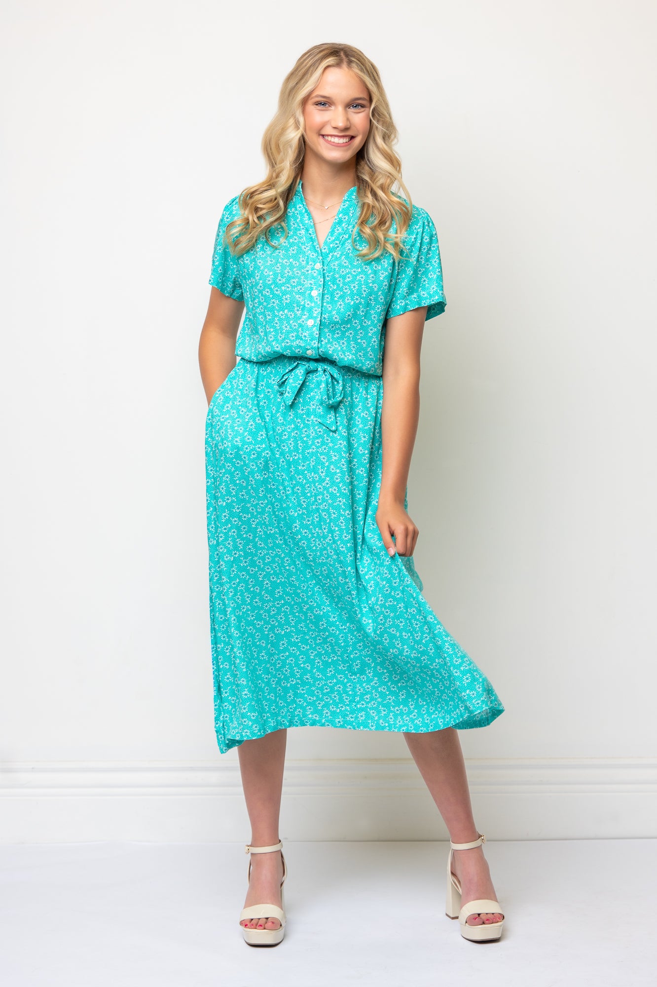 Short Sleeve Floral Midi Length Shirtdress Tie Waist- Teal
