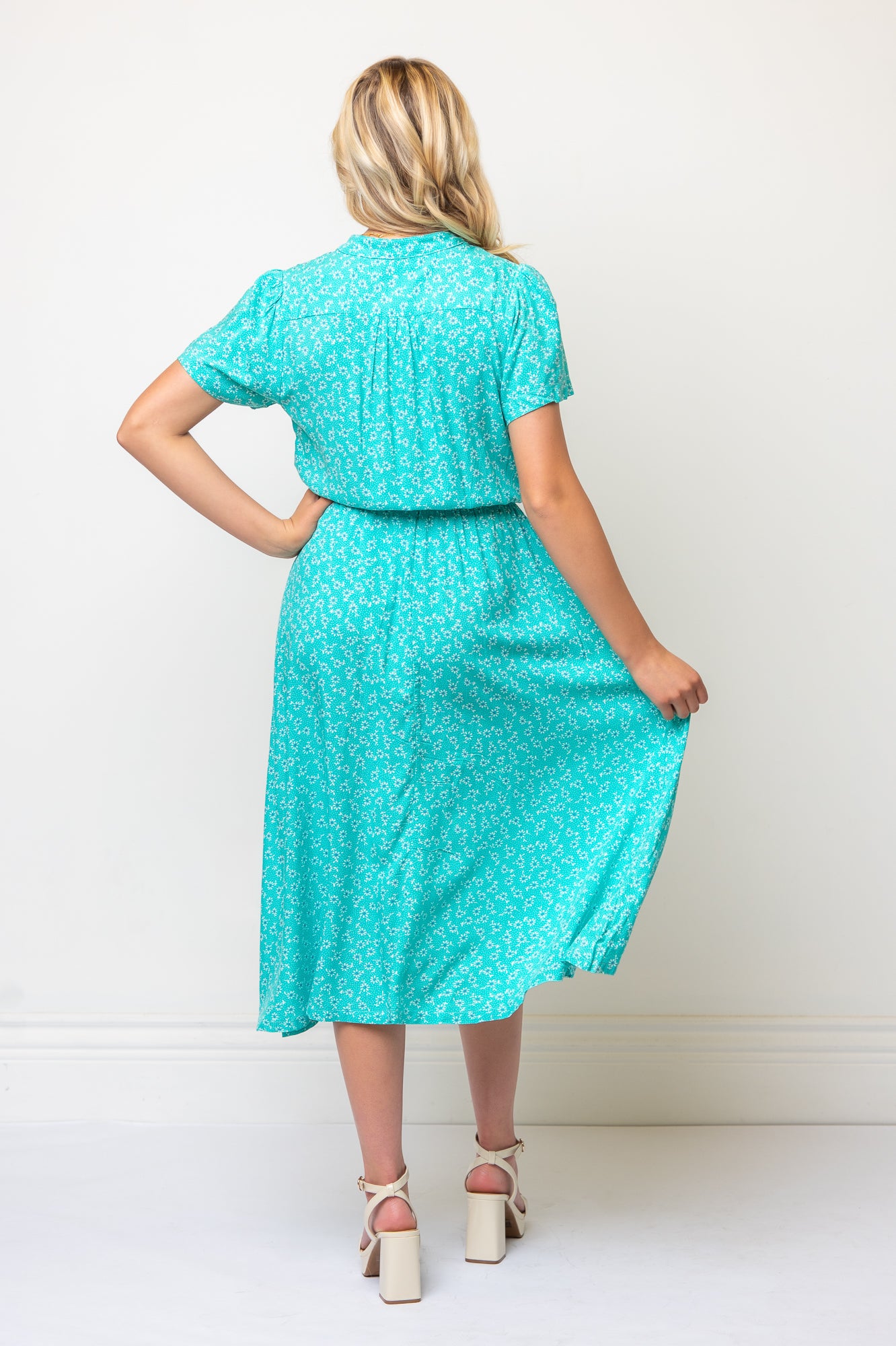 Short Sleeve Floral Midi Length Shirtdress Tie Waist- Teal