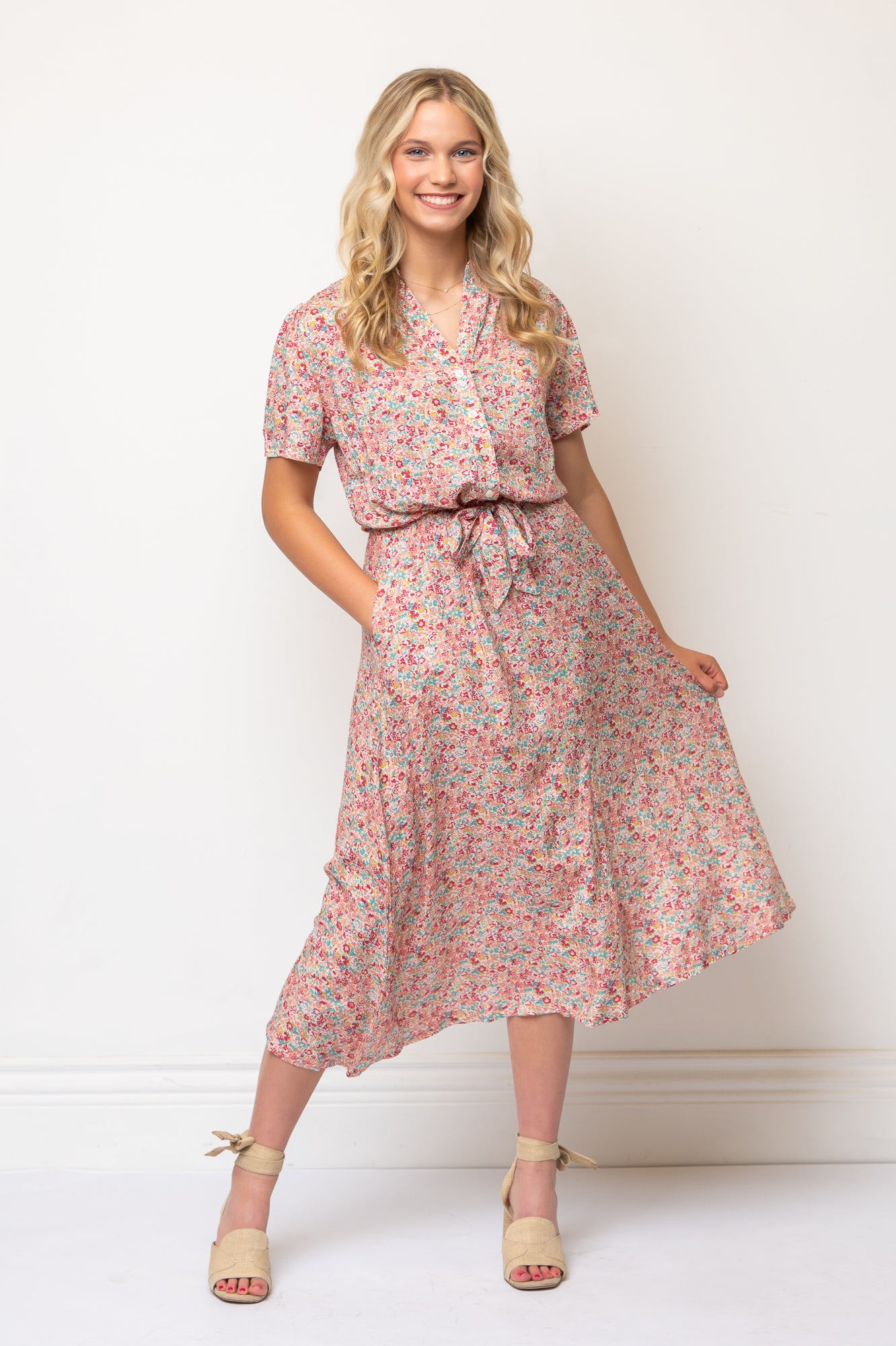 Short Sleeve Floral Midi Length Shirtdress Tie Waist- Red