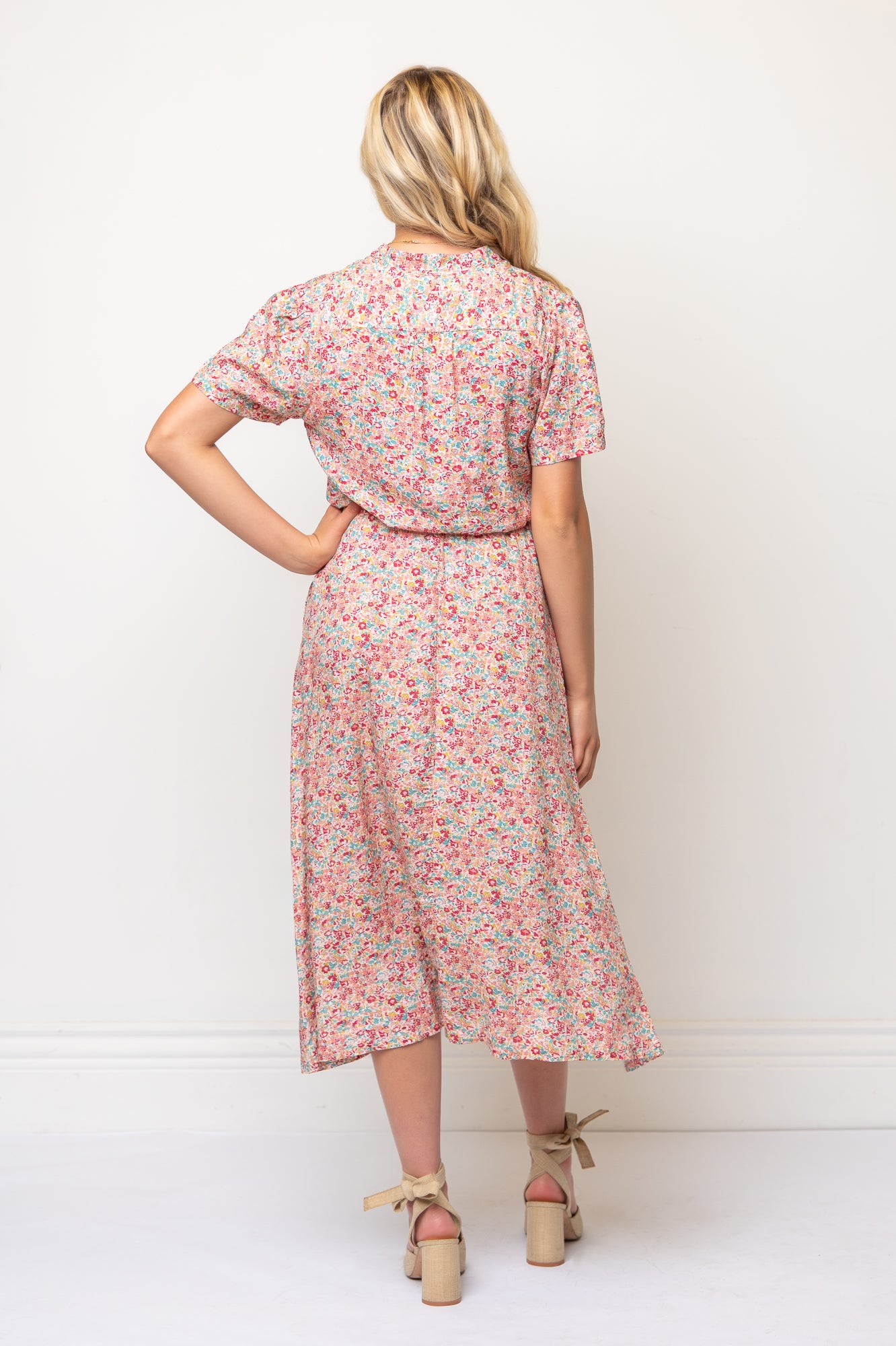Short Sleeve Floral Midi Length Shirtdress Tie Waist- Red