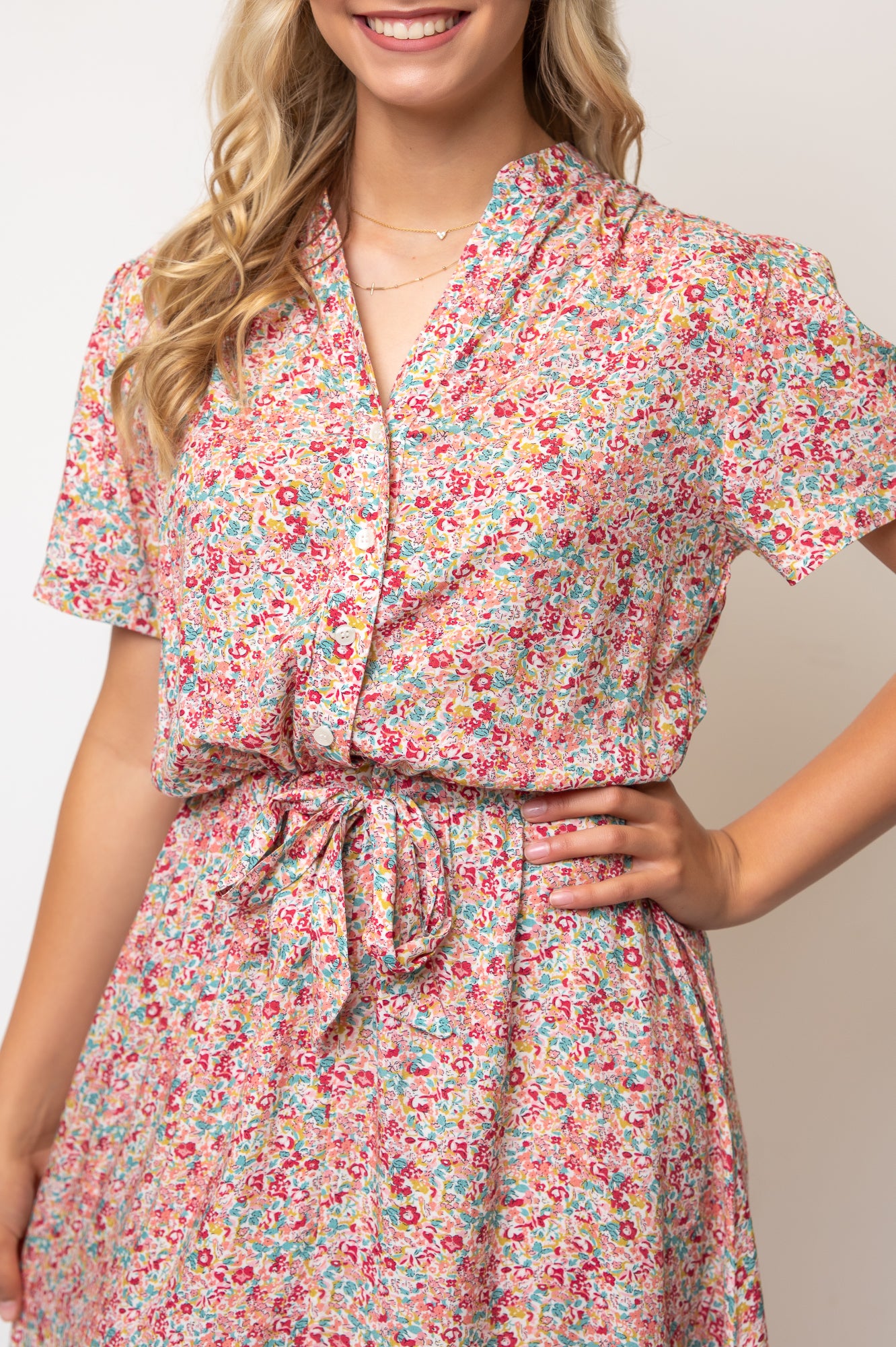 Short Sleeve Floral Midi Length Shirtdress Tie Waist- Red