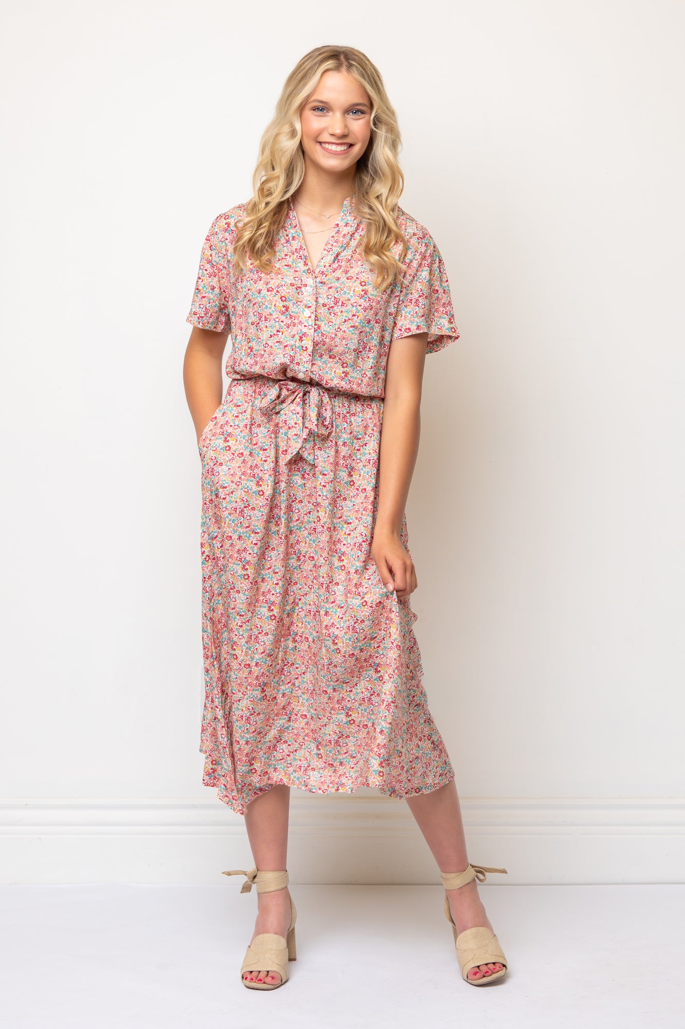 Short Sleeve Floral Midi Length Shirtdress Tie Waist- Red