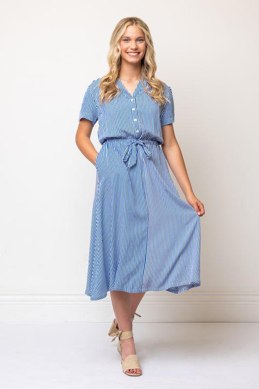 Short Sleeve Floral Midi Length Shirtdress Tie Waist- Blue/White Stripe